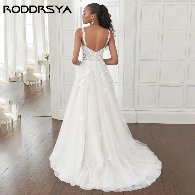 RODDRSYA-vestidos de novia bohemios de encaje con cuello en V, corte en A, Vintage, tul, Suknia soblubna, elegantes tirantes finos, fiesta nupcial, hecho a medida vestidos de novia bohemios de encaje con cuello en V, c