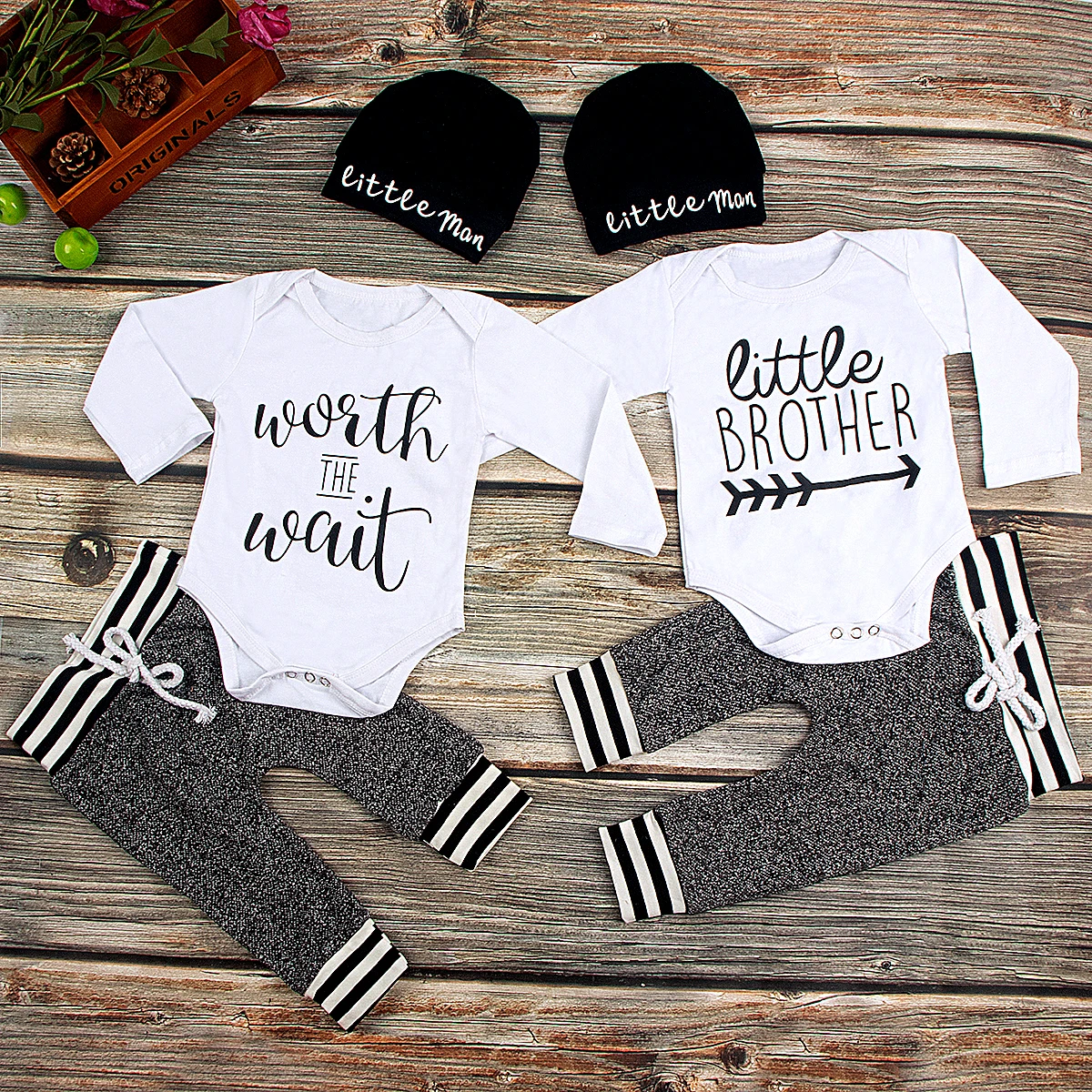 Newborn Baby Boy Clothes Cute Letter Print Long Sleeve Romper Bodysuit Pants Hat 3PC Coming Home Outfit