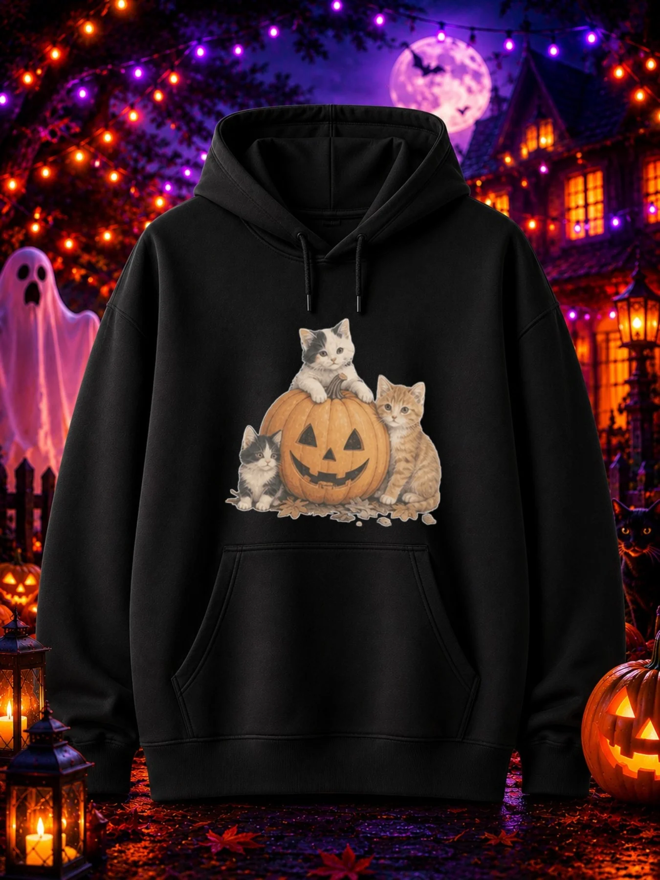 Halloween Men's Printed Sweatshirt Features Three Cute Kittens Surrounding a Carved Halloween Pumpkin Lantern and Fallen Leaves