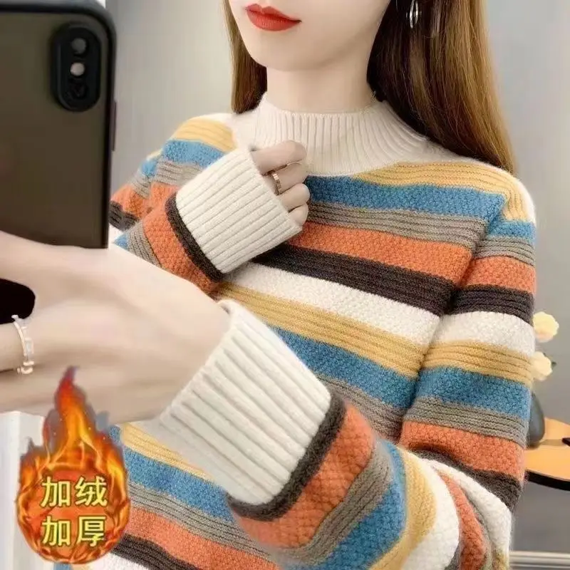 Baju Sweater wanita rajut lengan panjang, pakaian Atasan wanita elegan, Pullover serbaguna, modis, Sweater rajut lengan panjang garis-garis, musim dingin dan musim gugur