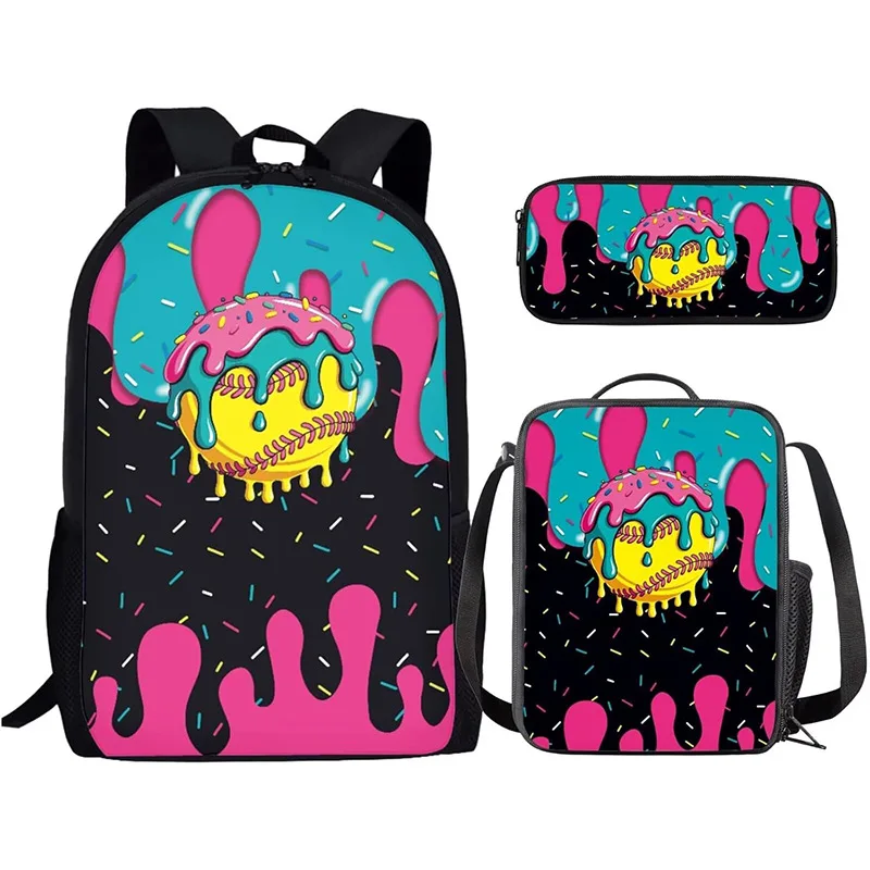 3Pcs Backpack Set, Dripping Ice Cream Baseball Print School Backpack with Lunch Bag and Pencil Case, Casual Daypack Bookbag for