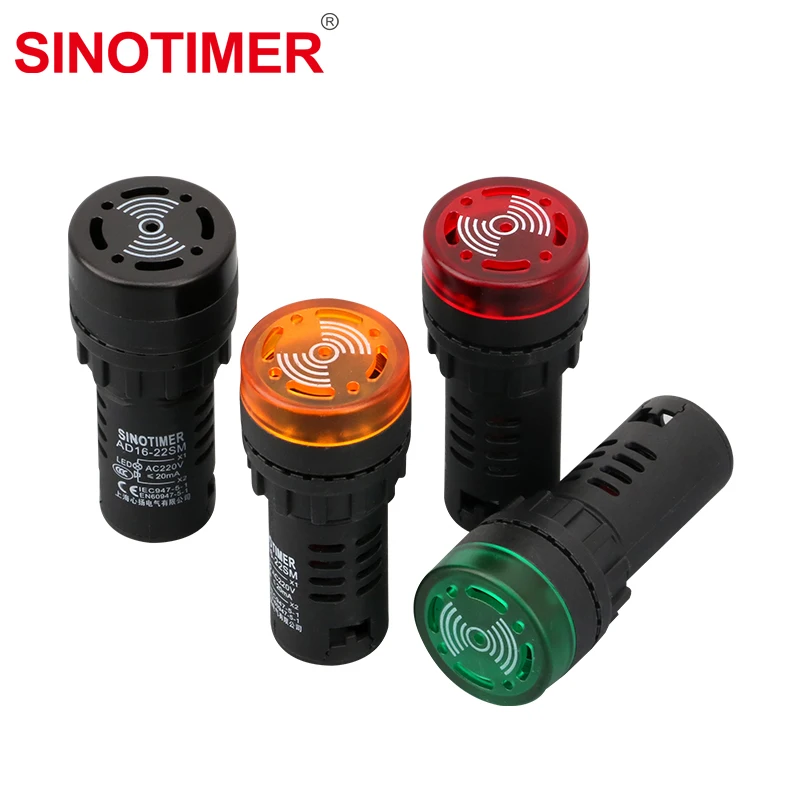 AC 220V 380V DC 24V 12V 22mm LED Flash Buzzer Signal Light Warning Beep Alarm Sound Blinker Indicator Red Green Yellow AD16-22SM