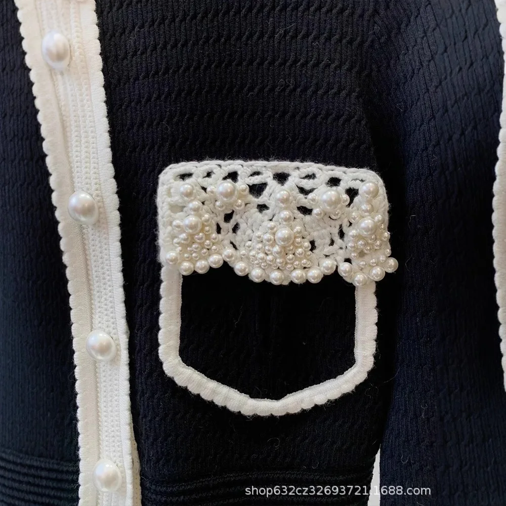 Luxury Pearls Beaded Knitted Cardigan Spring Hooked Flowers Crocheted Sweater Coat Jacket Knitwear Jumpers Contrast Color Tops