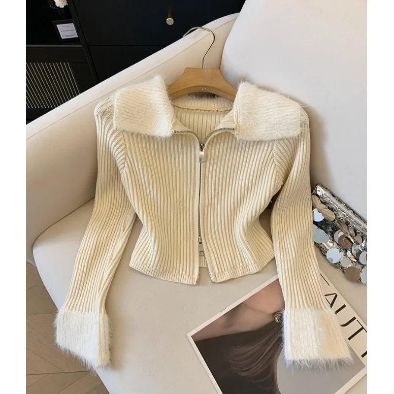 

Облегающий вязаный кардиган, женский свитер на молнии с воротником-молнией, осень-зима, новая модель Sle Self-Kee, трикотаж ort длины