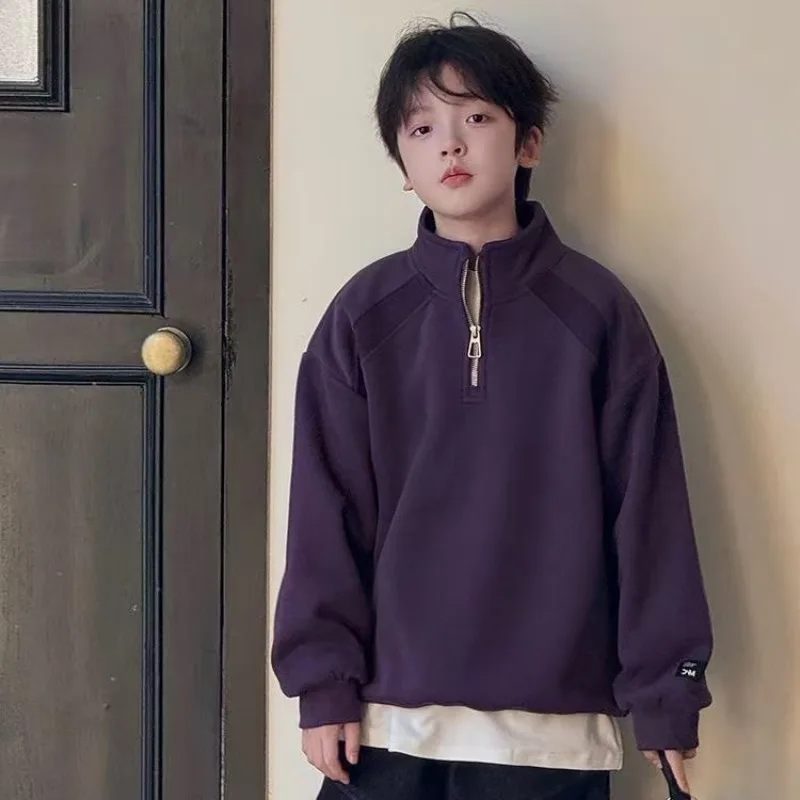 

Осень/зима 2022, новая толстовка с капюшоном на полумолнии для мальчиков, детский однотонный повседневный свободный плюшевый топ, топ для мальчиков