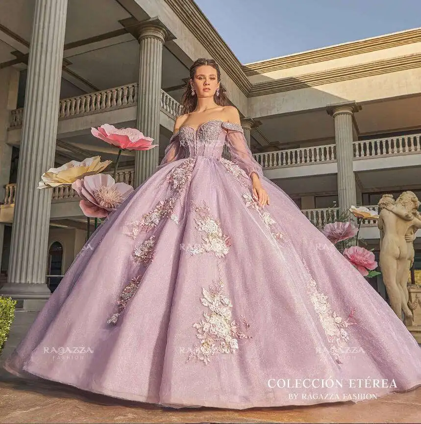 

Фиолетовый, розовый, Ral, платья Quinceanera с открытыми плечами и рукавами, корсет принцессы, Vestidos De Prom