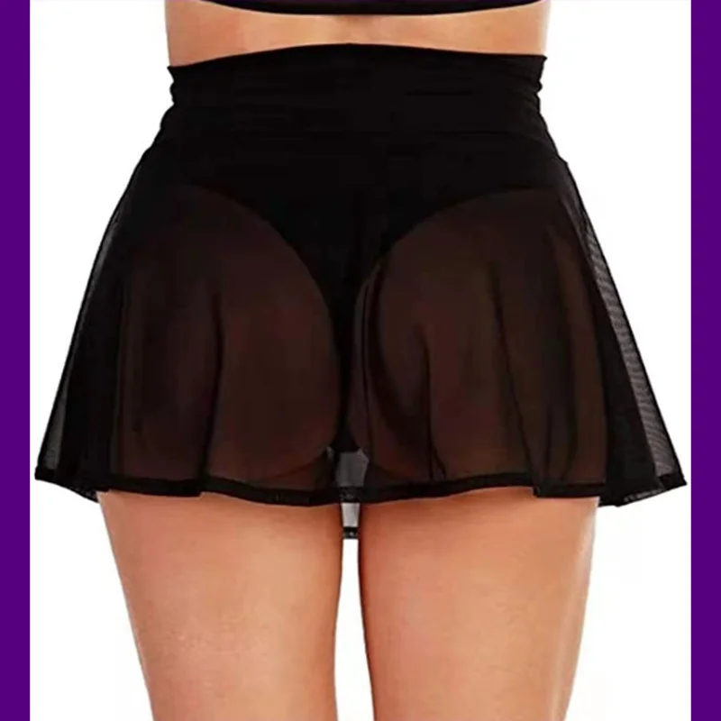 Fato de banho sexy para mulheres, biquíni encobrir, malha saia curta, beachwear translúcido, beachwear de cintura alta