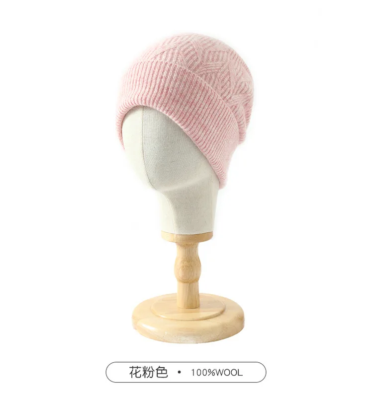 Gorro de punto de lana 100% pura para mujer, gorro de invierno suave sin picazón con protección para los oídos, gorro cálido con calavera