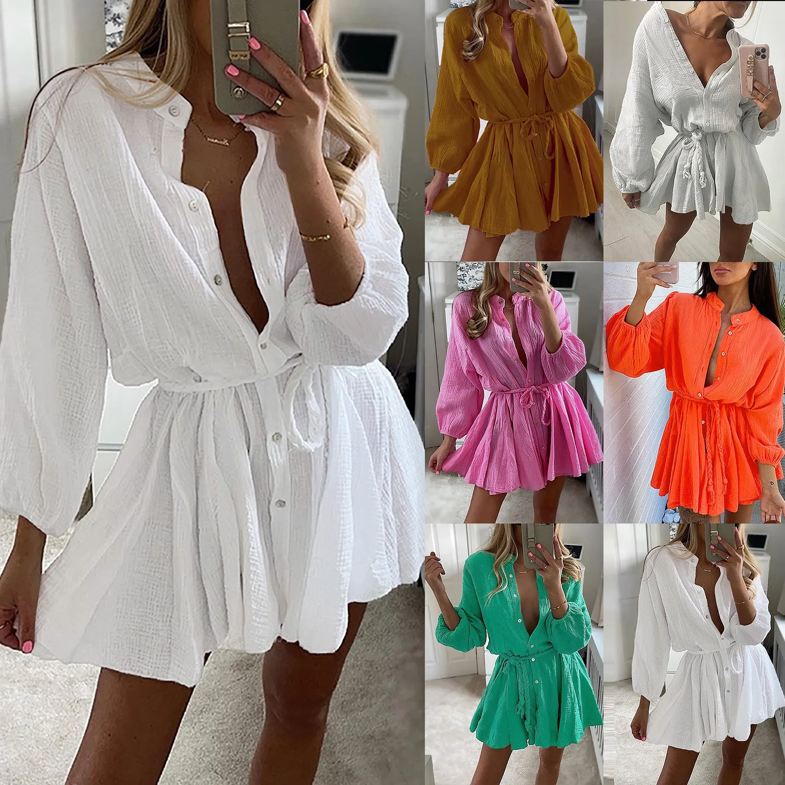 

Women's Mini Dress Bohemian Solid Loose Blouse Casual Ruffle Drawstring Tie Flared Long Sleeves Spring Summer Dresses Vestidos