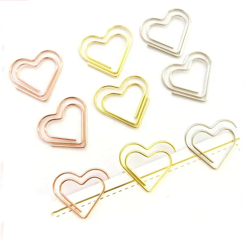 50 Piezas/Set de Clips de Papel Metálicos en Forma de Corazón, Mini Clips de Carpeta, Marcadores, Decoración para Encuadernación de Libros, Material de Oficina y Papelería