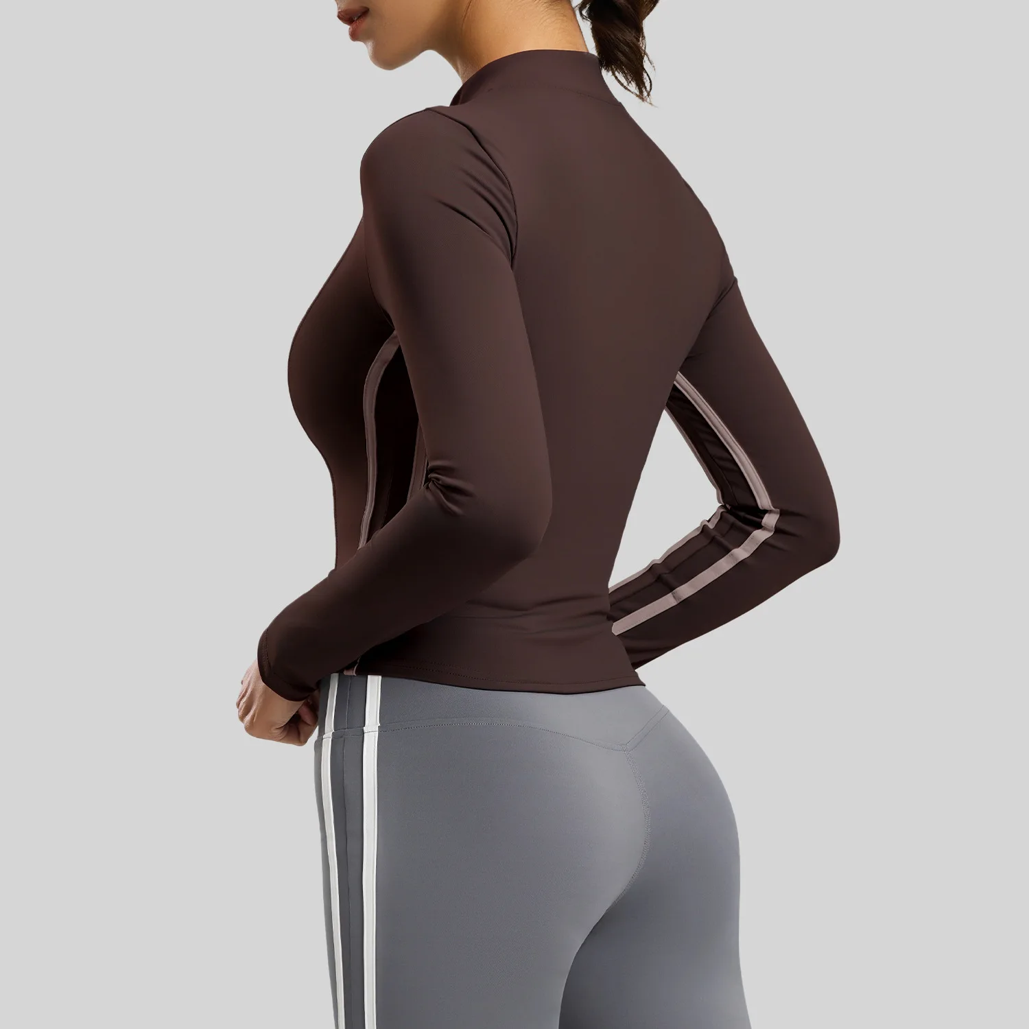 Women Warm Fleece Lined Zip Up Yoga Jacket Stand Collar Side Stripes Thumb Hole Slim Fit Long Sleeve Gym Athletic Workout Top