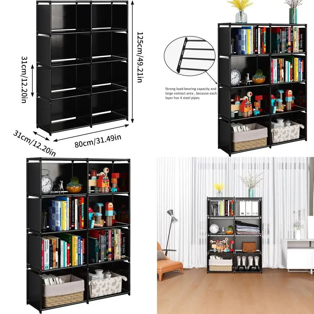 

5-Shelf Fabric-Backed Portable Bookshelf, 8-Cube Storage Organizer, Ideal for Living, Study, and Bedrooms in Black