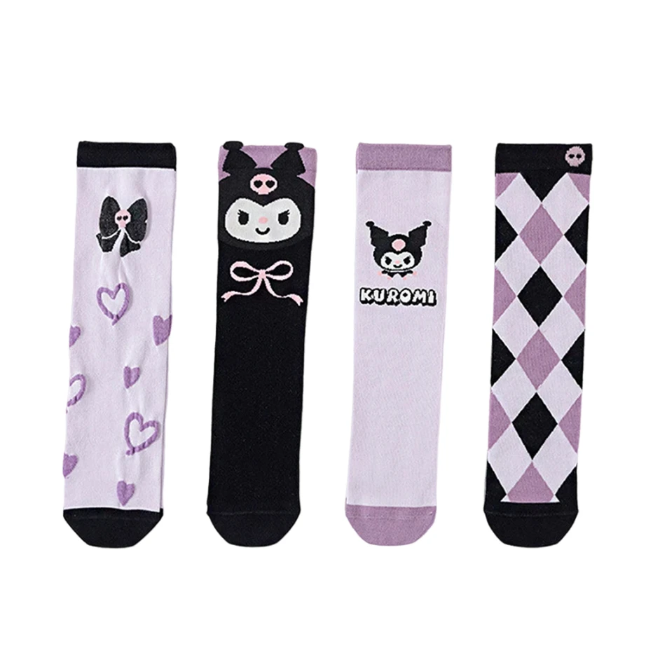 MINISO Kuromi-Calcetines de tubo medio de algodón suave para mujer, medias de bruja pequeña, Sanrio Kawaii, peinado púrpura, exquisito