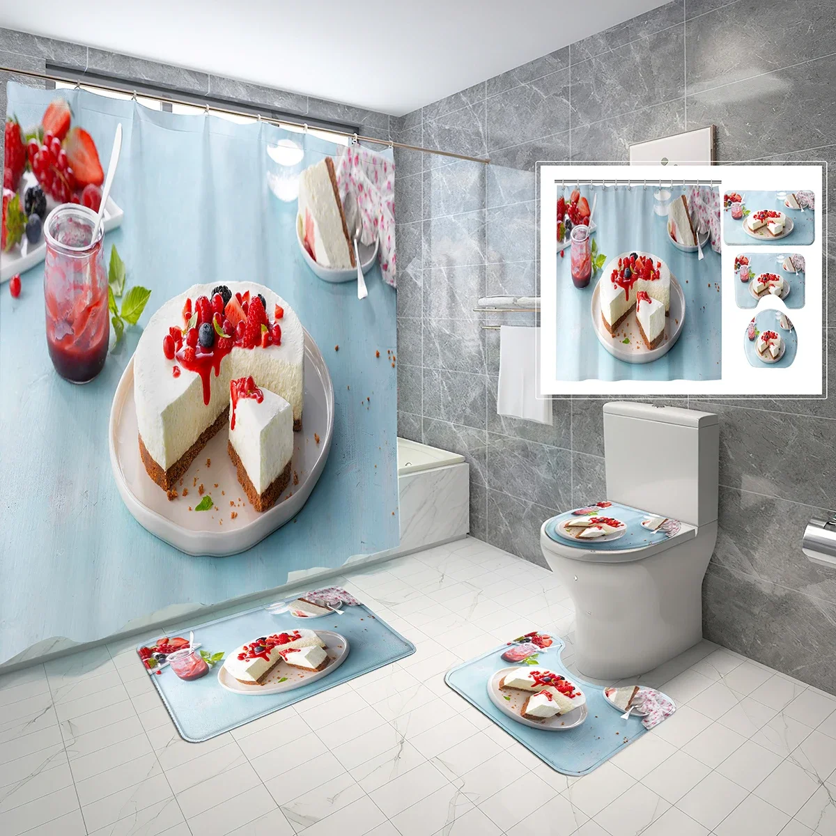 

Cake Shower Curtain Sets with Toilet Lid Cover and Bath Mat 4 Pcs Delicious Cream Cake Printing Bath Curtain Bathroom Sets