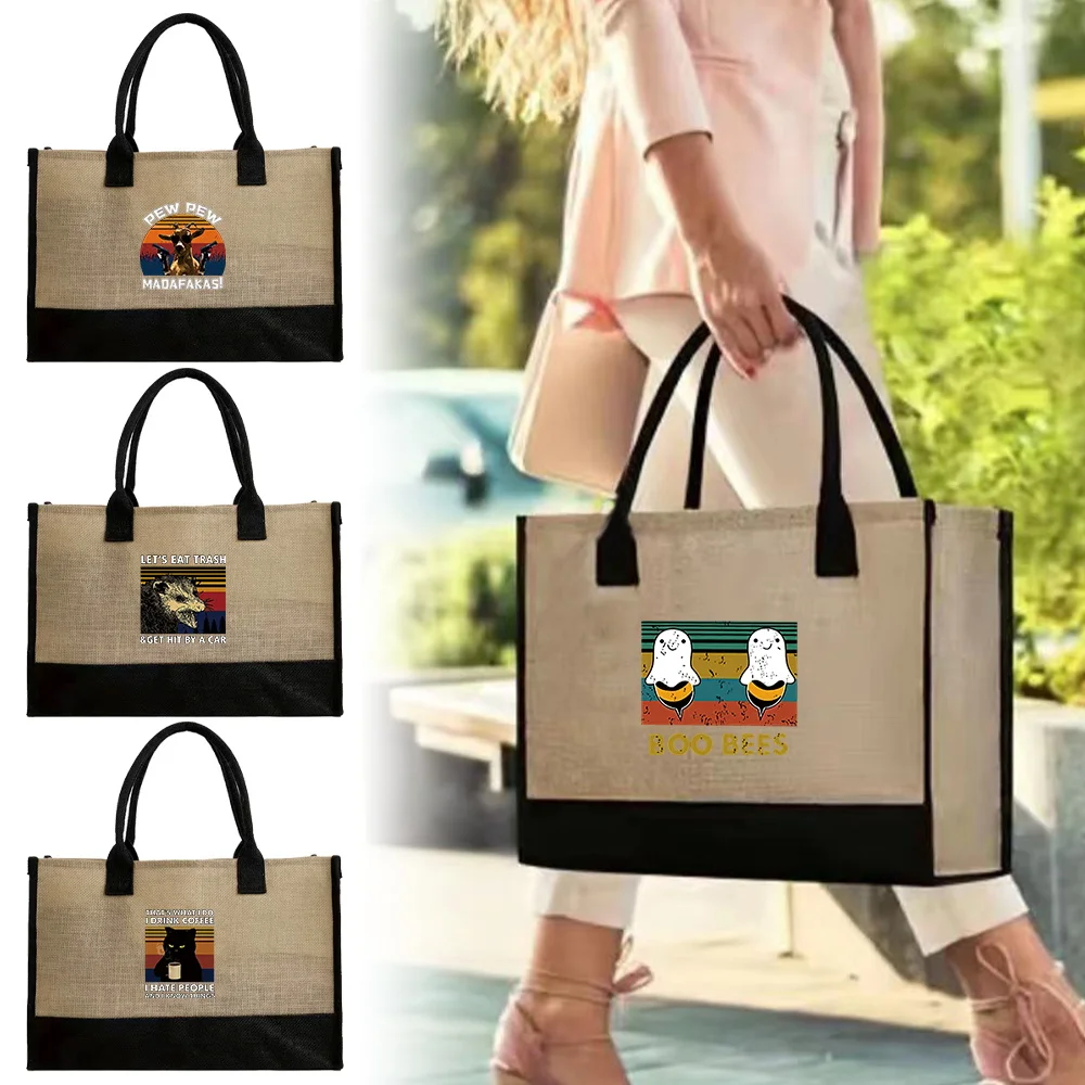 Reusable Shopping Bags Vintage Jute Bag Imitation Sacks Handbags Large Capacity Grocery Organizers Suitable for Women Pew Series