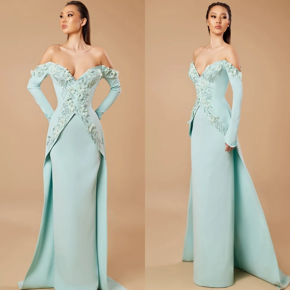 

Customized Modern Style Jersey Sequined Flower Straight Off-the-shoulder Long Dresses Bespoke Occasion Retro