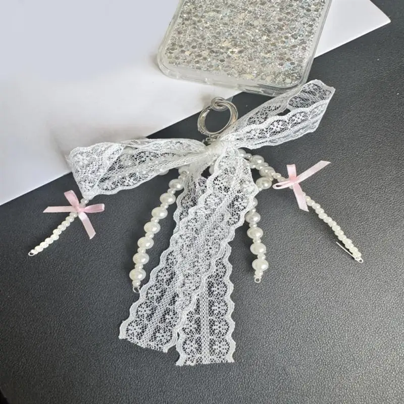 

Stylish Phone Ornament With Fabric PVC Design Secure Clip For Key Bags Decoration Beads Lace Bowknot Keychain Pendant F19E