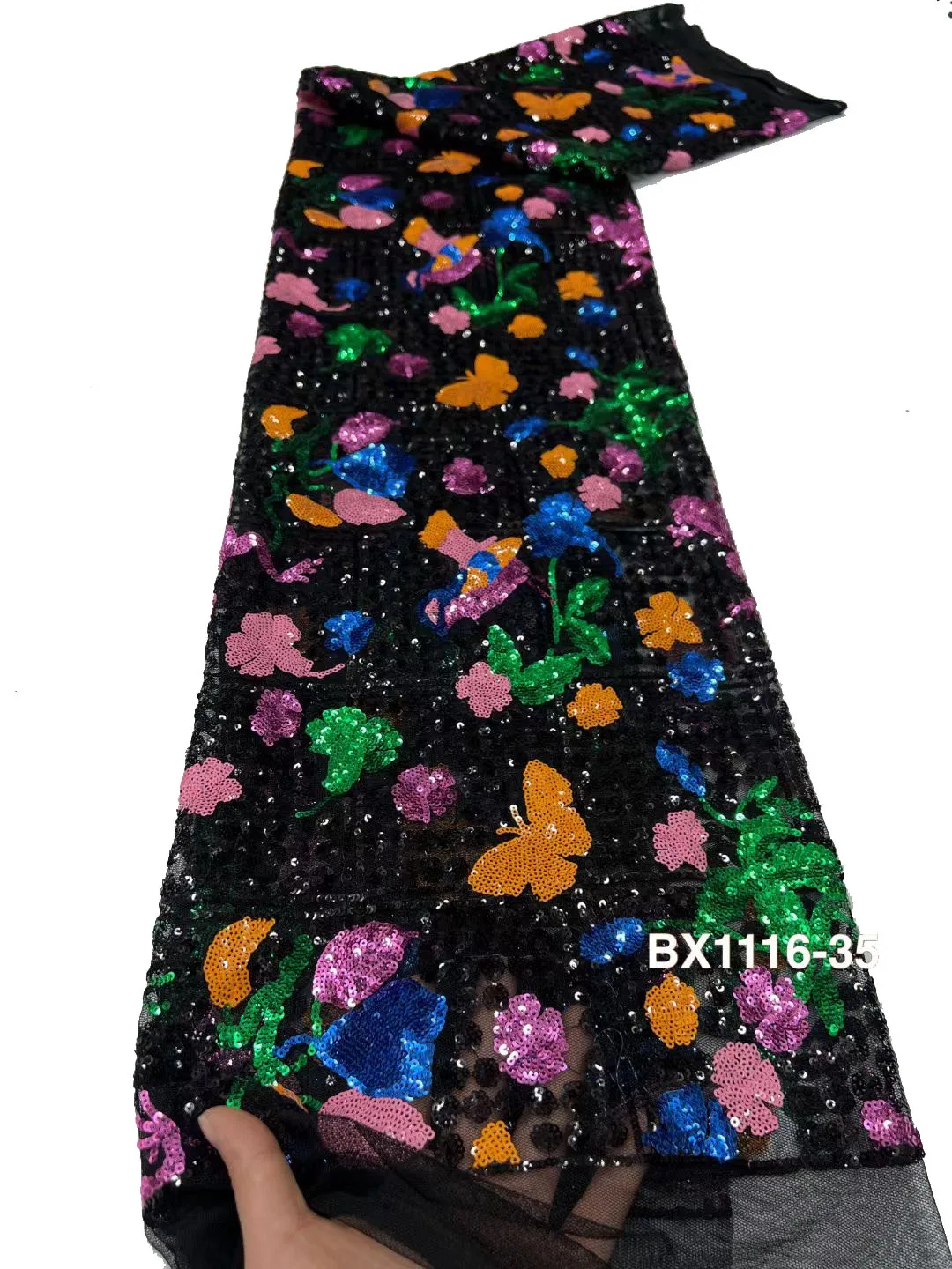 Stylish Classic Black Elegant Butterfly Series New Arrival French Handmade Net Lace Sequins High Quality Fabric For 5yards Dress