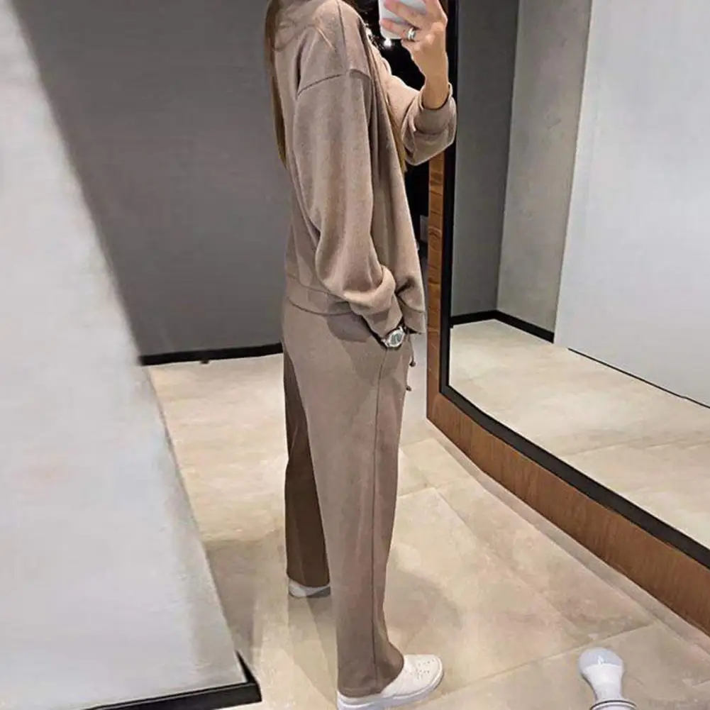 Women Casual Two-piece Set Women\'s V Neck Knitted Shirt Wide Leg Trousers Set Long Sleeves Loose Top with Drawstring for Casual