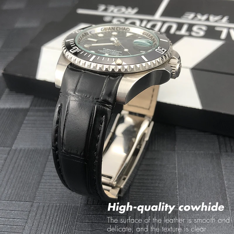 20mm Curved End Quality Genuine Leather Watch Band Suitable for Rolex Submariner GMT Hulk Green Blue Cowhide Strap Wristband