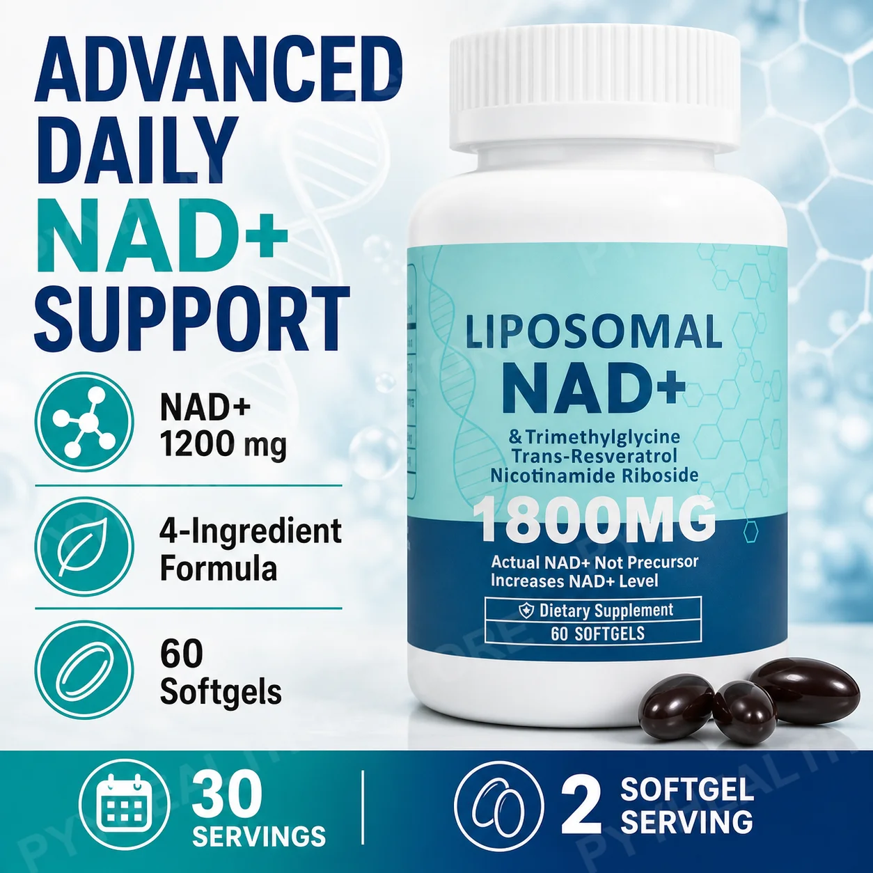Liposomal NAD+ Supplement 1800 mg with Nicotinamide Riboside, Trans Resveratrol, TMG, Cellular Vitality Support, 60 Softgels
