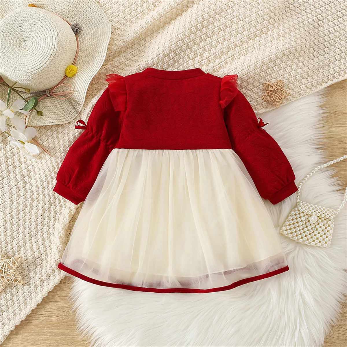 Baby Girl Christmas Dress Baby Princess Birthday Red Long Sleeve Dress Spring And Autumn Bow Mesh Sweet Children\'S Clothing