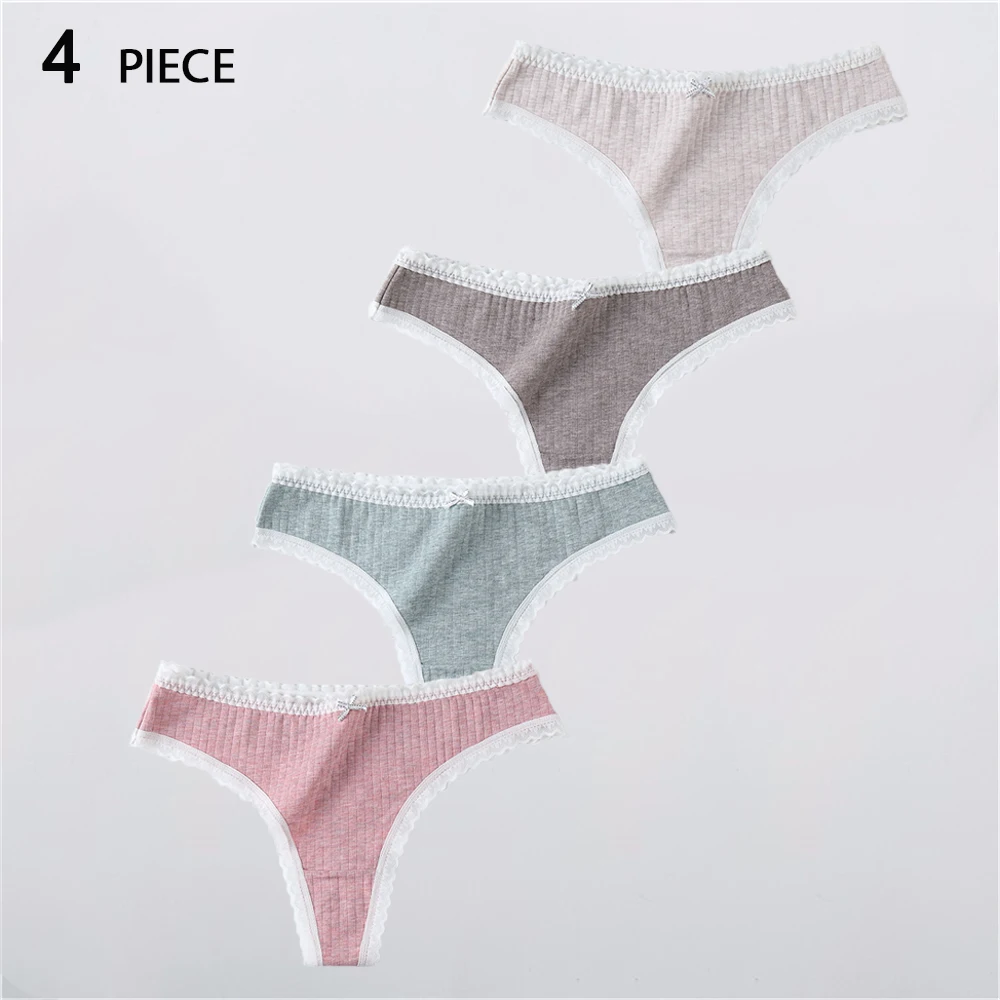 

4Pcs/Set Women's G-String Underwear Low Rise Cotton Thong Panties Soft Sexy Solid Lingerie Ladies Fashion