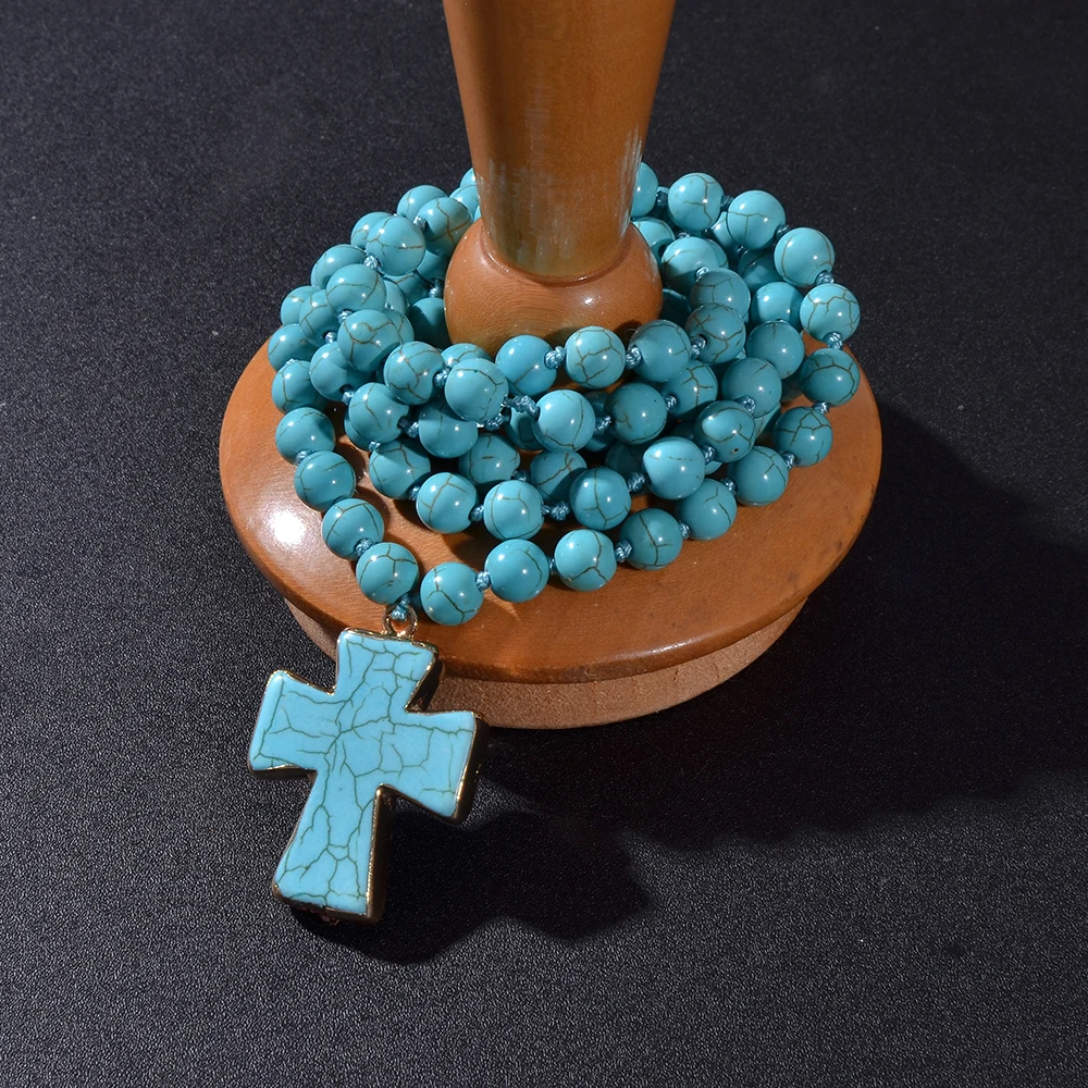 

8mm Blue Turquoise Beads Knotted Necklace Meditation Prayer Rosary with Cross Love Pendant Jewellery