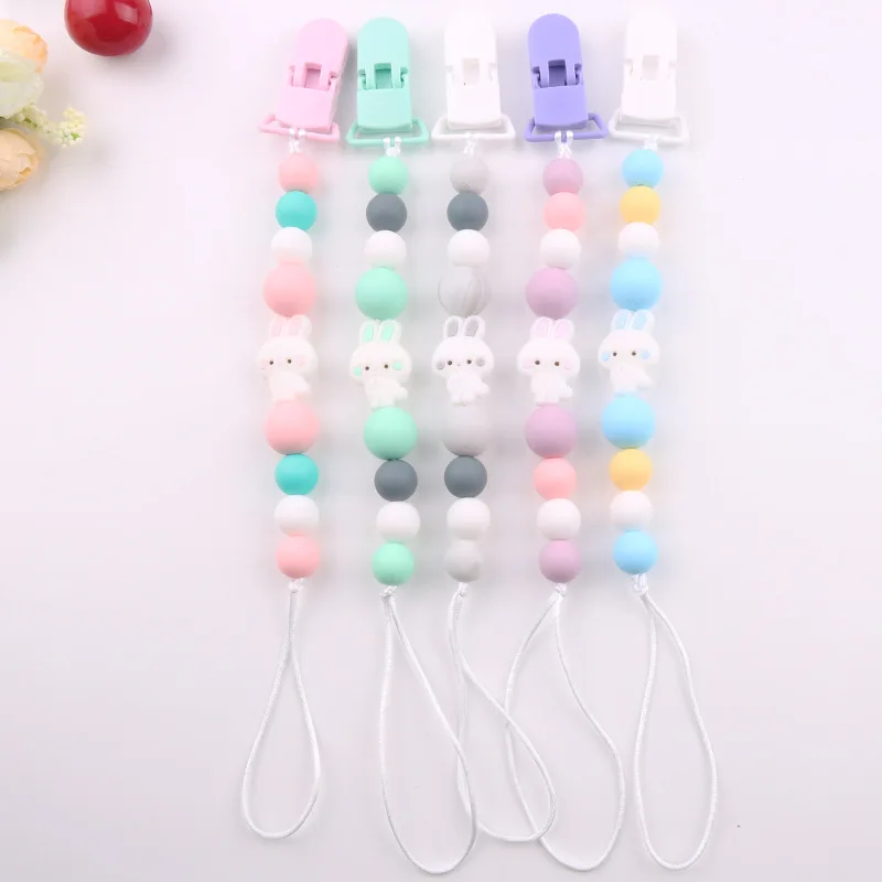 Baby Pacifier Clip Long Ear Rabbit Pacifier Chain Anti Drop Clip Toy