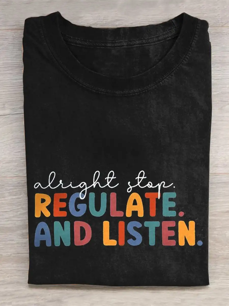 Rheaclots Regulate And Listen Teacher Printed Round Neck Short Sleeve T-Shirt