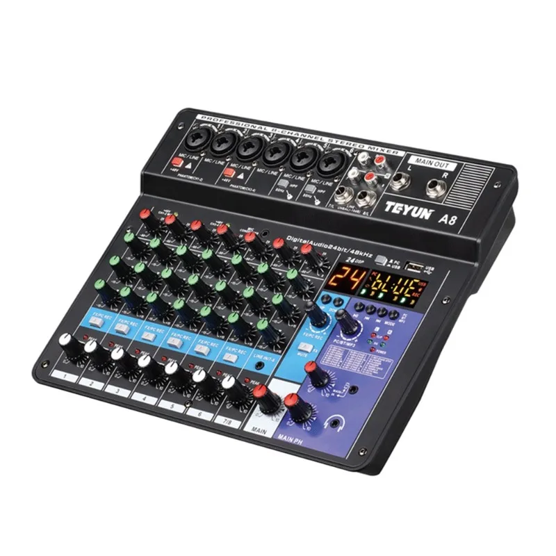 

A8 Professional Audio Mixer 8Channel with Bluetooth 5.0 USB 24DSP Effect 48V Phantom Power for Live Streaming Recording PC/Phone