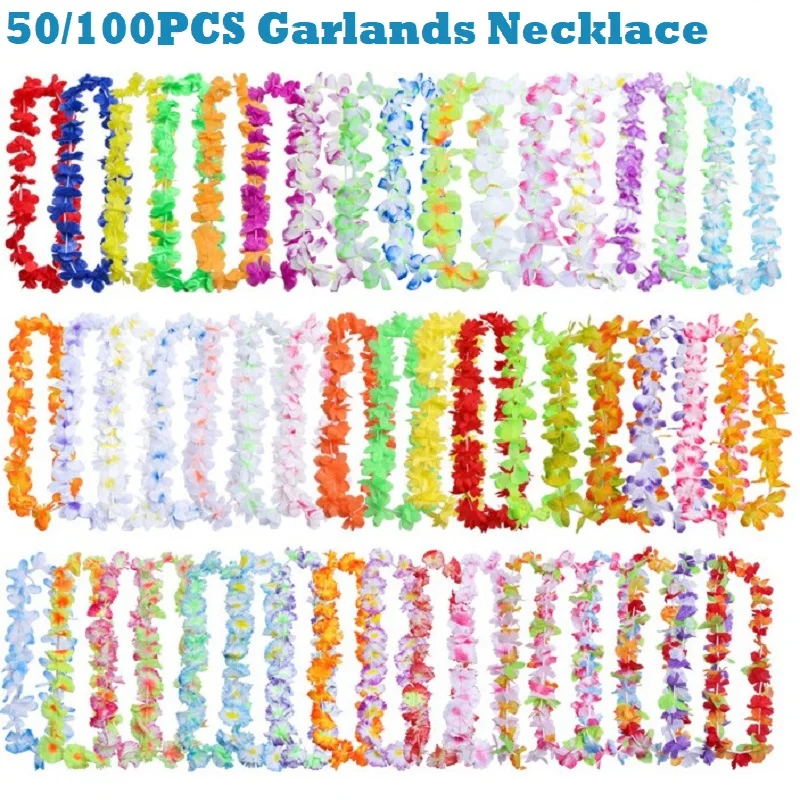 50/100Pcs Hawaiian Artificial Flower Necklace Hawai theme Party Flower Wreath Wedding Birthday Party Supplies Garland Decoration