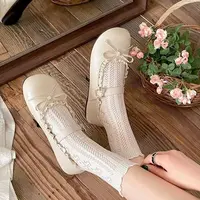 Chaussures plates Mary Jane pour femmes en dentelle à volants et nœuds, à bride unique et boucle, bout rond, style rétro doux, chaussures de ballet décontractées et habillées, noir beige 2