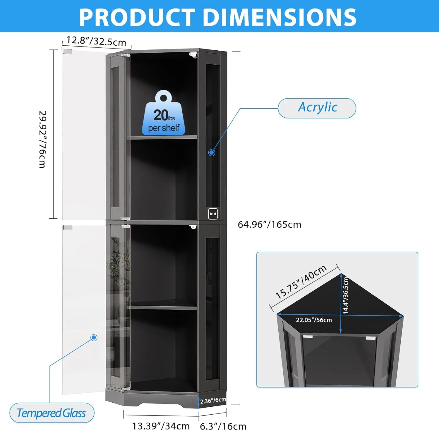 Armário de exibição de vidro de canto de 65" com luzes LED, vitrine de 4 camadas com portas de vidro e sensor de corpo humano, preto