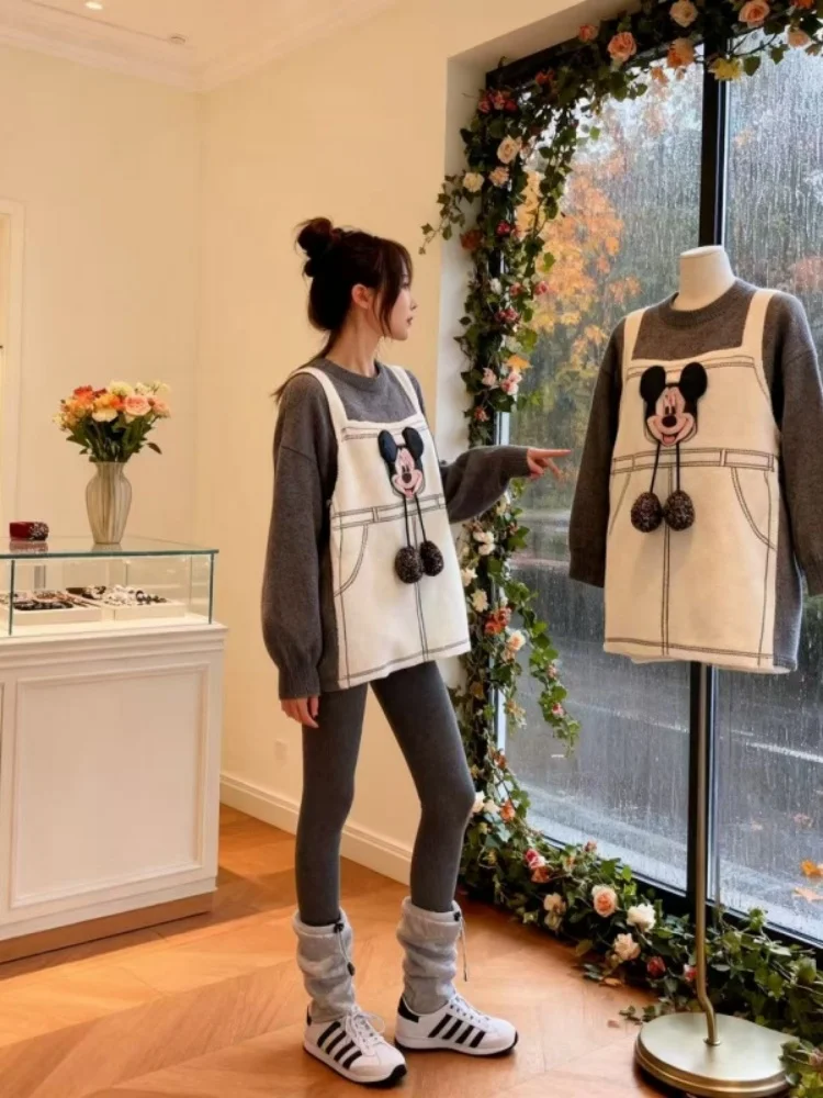 

Новый весенний вязаный свитер с милым мультяшным принтом Микки, свободный крой, женский, в стиле Lazy Design, повседневный топ, удобный, дышащий, влагоотводящий.