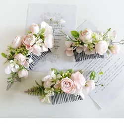 Artificial Pink Flowers Bridal Headwear for Wedding Bridesmaid Silk Rose Bridal Hair Comb Leaves bride hair accessories wedding