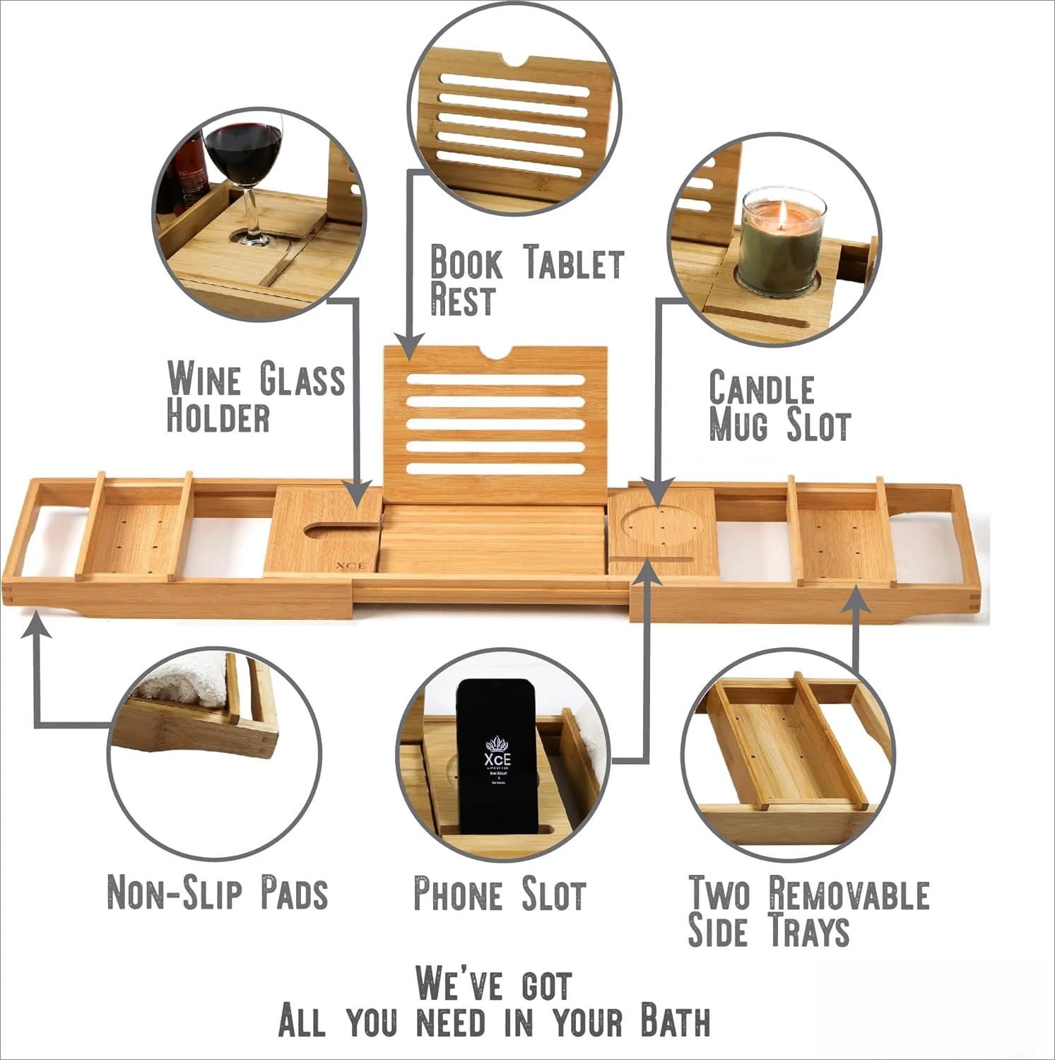 يمكن تمديد صينية علبة حوض الاستحمام حتى 105 سنتيمتر وتأتي مع رف كتب من الخيزران وصينية صابون طبيعية