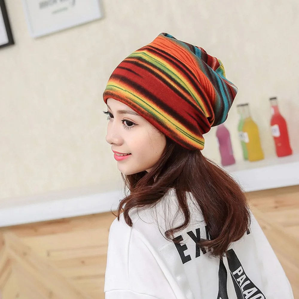 New Spring Autumn Winter Men Women Hat Mixed Color Cotton Wool Striped Hip Hop Hat Winter Warm Beanies Caps Knit Long Loose Hat