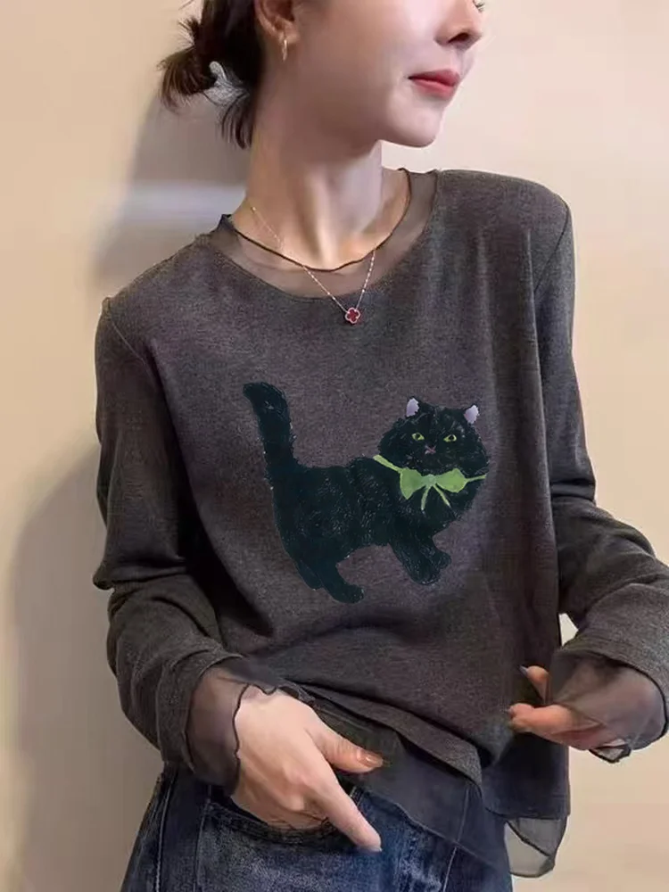 Fashionable Long Sleeve T-Shirt Women's Mesh Lace under Shirt Korean Style Autumn Winter New Style Slimming Top Commute Style