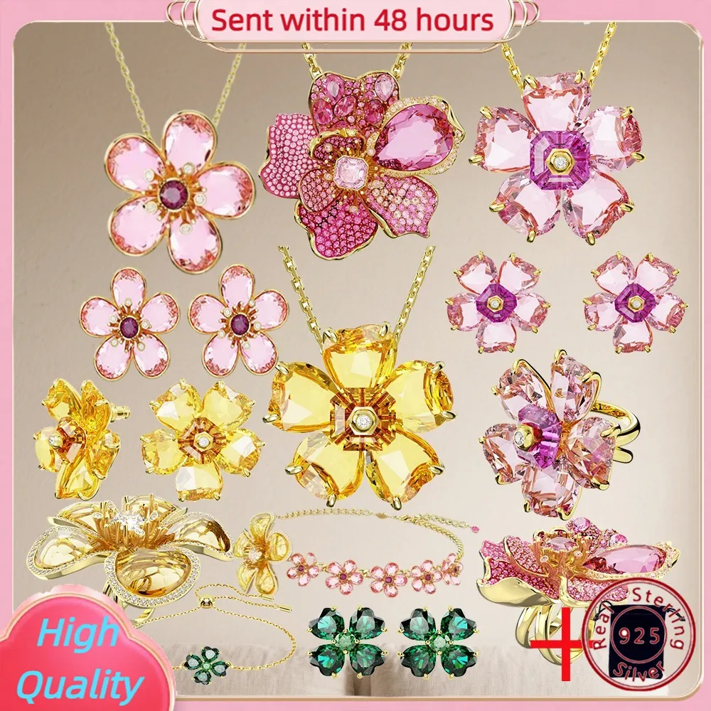 

S925 Silver Pavé Set with Gold-Plated Pink Crystals in Various Shades of Pink Flowers (Free Jewellery Bag)