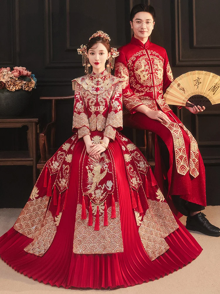 2022 Bride Red Embroidery Qipao Wedding Dress Retro Chinese Style Cheongsam Toast Clothing Size S-2XL