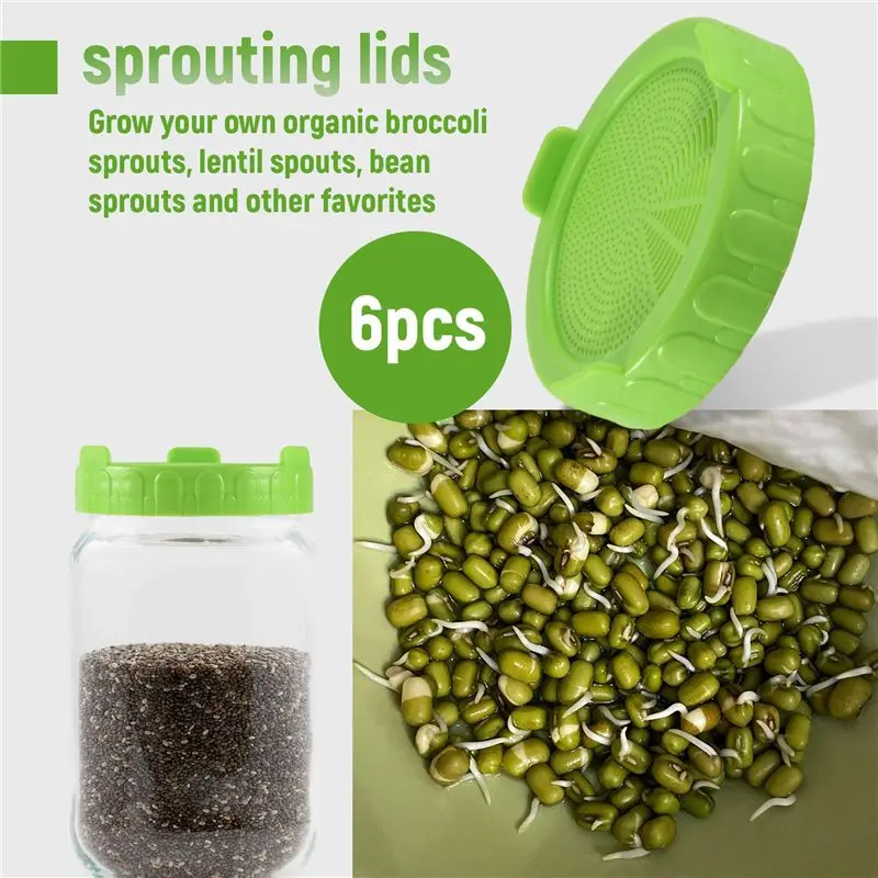 ABJN-6 Pack Sprouting Jar Strainer Lids - Wide Mouth Jar Screen Sprouting Kit Lids - For Growing Bean, Broccoli
