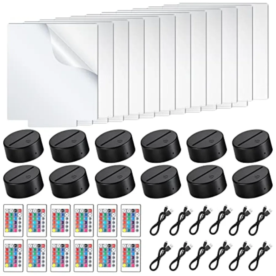 48 Pcs/12 Sets Acrylic Night Lights Clear Acrylic Sheets and 3D Night LED Light Lamp Base with Remote Control USB Cable, DIY LE
