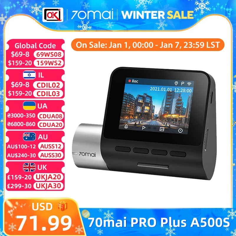 Global Version 70mai Dash Cam Pro Plus A500S 1944P Car DVR Set in GPS ADAS Front & Rear Cam 24h Parking Surveillance Time Laps