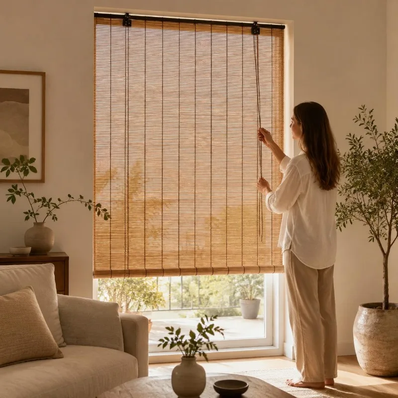 Rideau en bambou brun, rideau pour fenêtre, protection de la vue et protection solaire, décoration de fenêtre avec régulation de la lumière, design moderne, montage facile et utilisation polyvalente