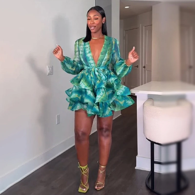 Sexy Deep V Neck Print Chiffon Mini Dress Elegant Long Sleeve Belted Tiered Ruffle Gown Lady Summer Party Beach Holiday Outfit