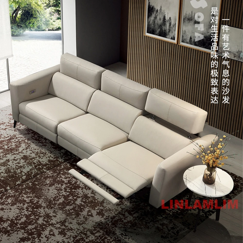 Linlamlim Luxury Dual Motor Genuine Leather Electric Recliner Sofa Modern Power Reclining Couch Adjustable Headrest Theater Sofa