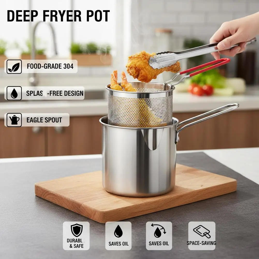Stainless Steel Deep Fryer Pot With Strainer Basket Mini Tempura Frying Pot For French Fries Chicken Wings Kitchen view 6