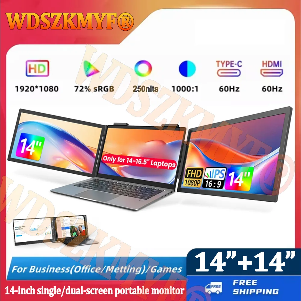 

14-дюймовый портативный двойной монитор, FHD 1080P, IPS-экран 16:9, USB-C/HDMI-расширитель для ноутбука для торговли/программирования/игр, второй дисплей