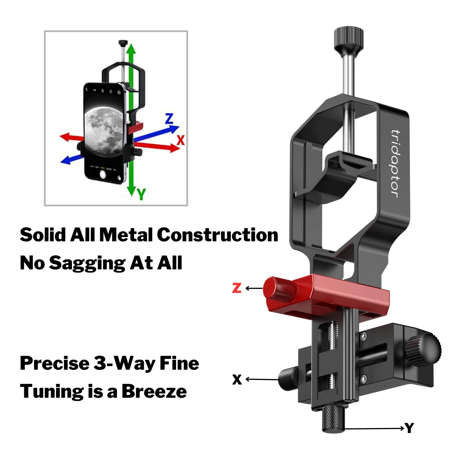 tridaptor XYZ-001 Universal Phone Scope Digiscoping Adapter 3-Axis Metal Phone Holder Mount with Remote Shutter for iOS Android
